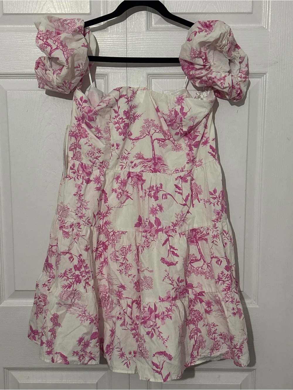 Aqua White and Pink Floral Midi Dress with Puff Sleeves
